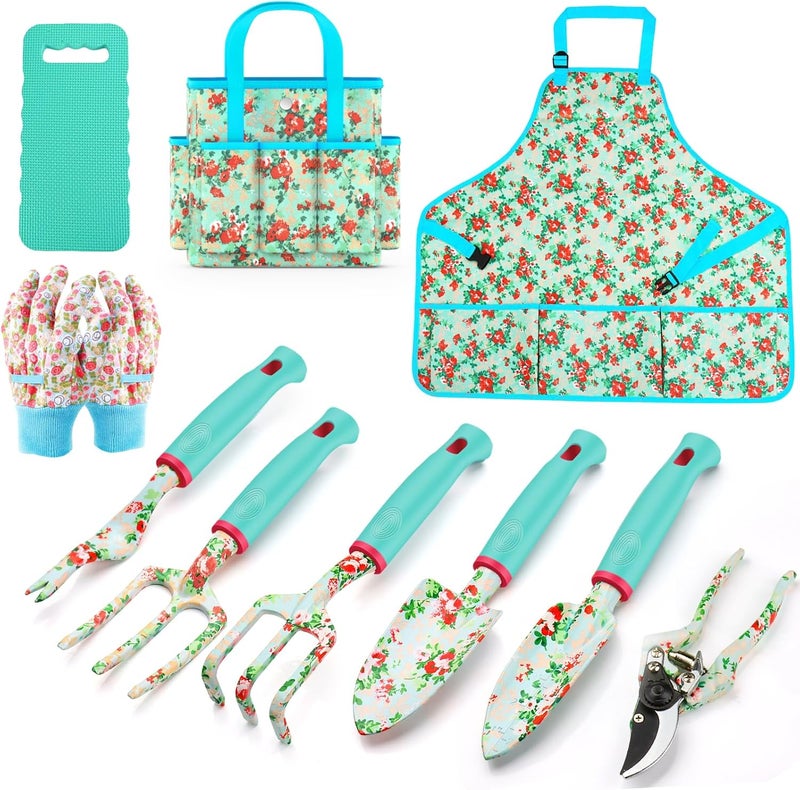 WANCHI Garden Tools Set 10 Piece Heavy Duty Floral Garden Tool Set Gardening Gifts for Women Men Birthday Rust-Proof Aluminum Garden Hand Tools Gardening Kit with Tote Bag Apron Glove - Image 1